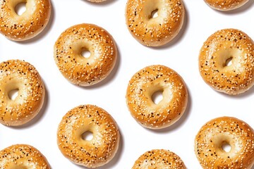 Top down close up of multiple bagels arranged in a pattern on a white surface.