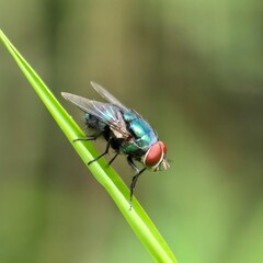 Iridescent fly perched on bright green grass