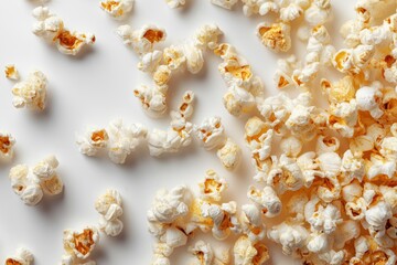 Flat Lay Delicious Unsalted Fresh Popcorn Scattered on a Light Surface