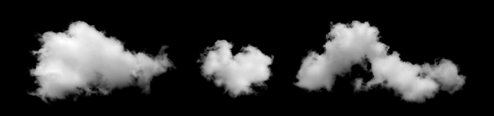 Collection of realistic white cloud isolated on black background, fluffy cumulus shape for sky design, weather concept, graphic element, and digital art composition.
