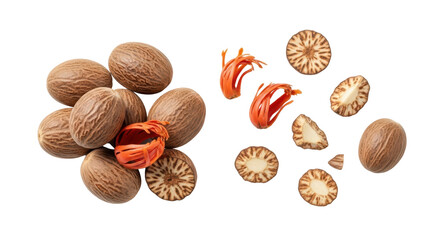 Nutmeg spice whole and sliced, top view isolated PNG with Transparent Background