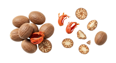Nutmeg spice whole and sliced, top view isolated PNG with Transparent Background