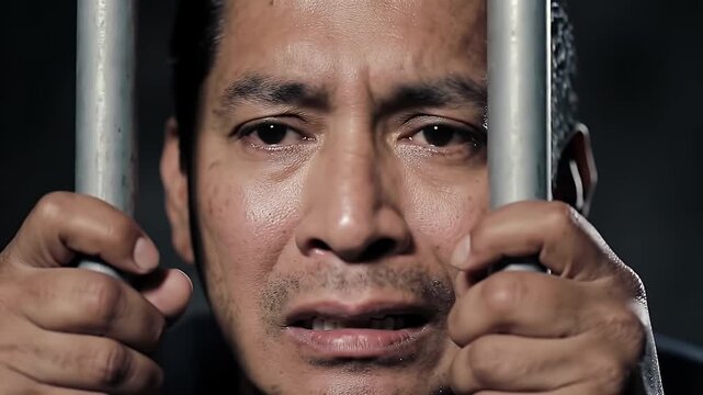 Man Behind Bars: Dramatic Close-Up of a Crying Prisoner with Regretful Emotions