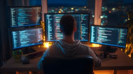 Young professional diligently works on multiple screens displaying lines of computer programming code late at night.
