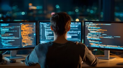 Male individual intensely focuses on complex lines of code displayed across multiple computer screens late at night.