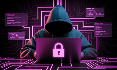 Mysterious hooded figure intensely focused on laptop screen displaying cyber security lock icon amidst glowing digital circuit board patterns and data charts