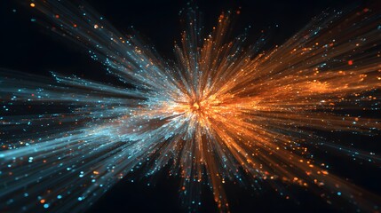 Dynamic collision of bright orange and blue luminous energy streams across a dark background