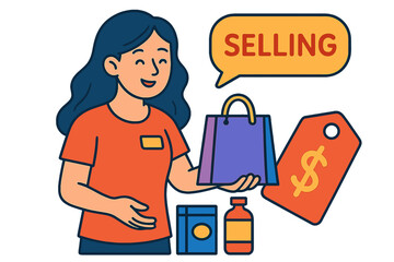 Young woman selling products with shopping bag and price tag ethically sourced