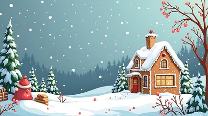 A charming winter scene featuring a snow-covered house, evergreen trees, and falling snowflakes.