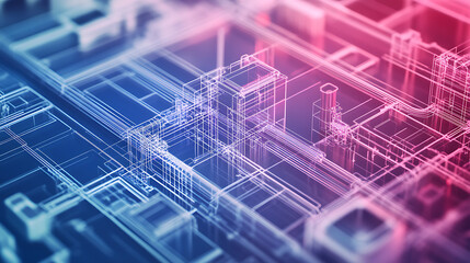 A computer generated image of a city with buildings and a factory. The buildings are blue and red