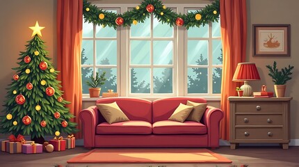 Interior scene of a cozy living room decorated for the Christmas holiday season.