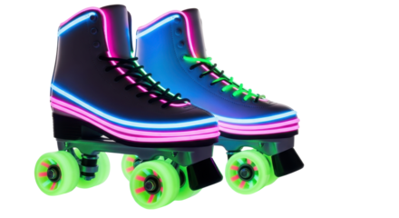 Pair of vibrant roller skates with neon lights isolated PNG with Transparent Background