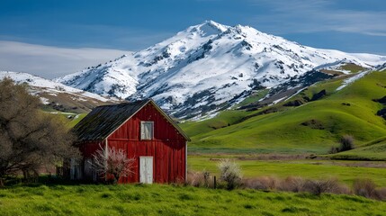 Obraz premium Rustic red agricultural building stands before a towering snowcapped mountain range