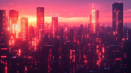 Fototapeta premium Futuristic city skyline at sunset. Possible use Stock photo for futuristic concepts, technology, and design