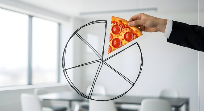 Creative businessman visually represents market share with a pepperoni pizza slice in a modern office meeting room, symbolizing growth and strategic planning
