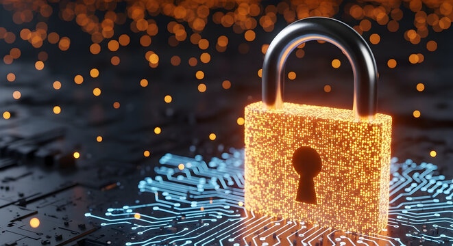 Secure your digital world with this glowing padlock on futuristic circuit board, symbolizing data protection and cyber defense.