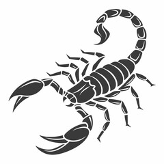 Stylized dark gray scorpion graphic with raised tail and claws