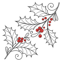 Stylized Holly Sprigs with Red Berries and Swirls branches