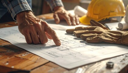 Construction project planning and development with blueprints and safety gear