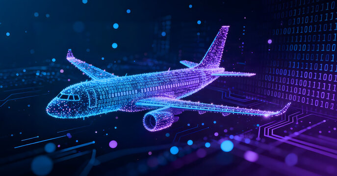Holographic Airplane Flying Through Digital Data Network