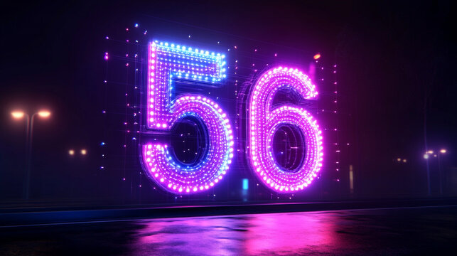 Glowing Neon Number 56 in Futuristic Night Scene illuminated in vibrant purple and blue hues. perfect for sci-fi design, virtual reality, or digital branding.