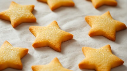 Close up of star-shaped sugar cookies arranged on a white surface, showcasing their golden color and sugary texture, perfect for festive celebrations and baking inspiration