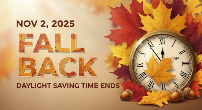 Fall Back 2025 Daylight Saving Time Ends Reminder With Autumn Leaves & Clock Image