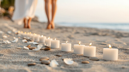 White candle ceremony on sandy beach at sunset with scattered petals and smooth stones, romantic peaceful atmosphere for couple walking barefoot along shoreline