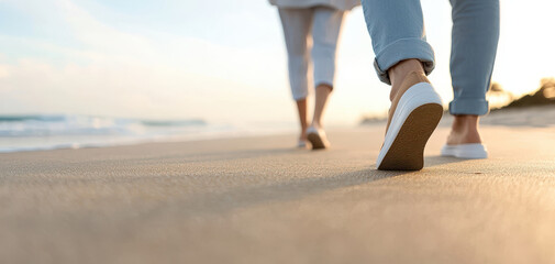Couple walking on sandy beach at sunset with casual sneakers and rolled pants, relaxed romantic mood and soft coastal light