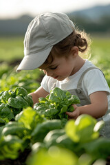 Young child in cap harvesting fresh lettuce in organic garden, sunlight warming green leaves and gentle joyful expression