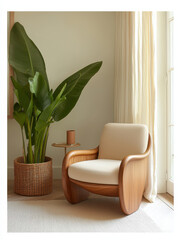 Cozy wooden armchair with cream cushion beside large potted tropical plant and soft window light, minimalist interior scene evoking calm and natural warmth
