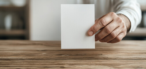 Blank card held by hand over wooden table with soft indoor background conveying minimalist business invitation or note in neutral natural light
