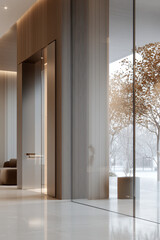 Minimalist lobby with marble floor, tall wood panel wall, glass facade and muted seating creating calm modern atmosphere with soft natural light and autumn trees visible outside