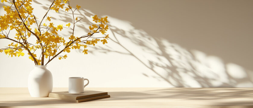 Minimalist still life with yellow flowering branch in white vase casting soft shadow beside ceramic cup and closed book on light wood surface, serene natural light and calm mood