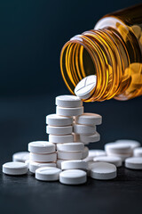 Pill bottle tipped over with white round tablets spilling out onto dark surface, medical scene conveying caution and seriousness