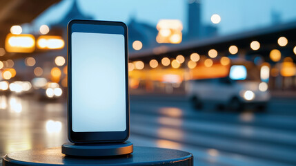 Modern smartphone with blank screen on urban night street display, minimalist design, mobile device on pedestal with bokeh lights and blurred traffic creating moody ambient glow