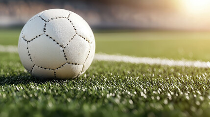 White leather soccer ball on green grass field at sunset with shallow depth of field and warm light