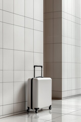 Minimalist white carry suitcase modern travel luggage tiled interior reflective floor vertical architectural lines neutral color palette evokes calm and motion