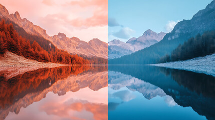 Two cityscapes with a blue sky and a red sky. The buildings are tall and there are trees in the foreground. The cityscapes are in different colors