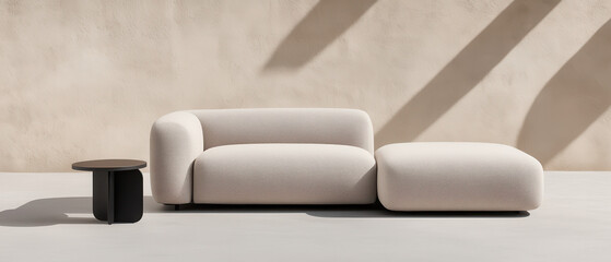Neutral beige modern sofa and ottoman with minimalist side table under soft sunlight and shadow, cozy textured upholstery and curved silhouette for contemporary living room interior design