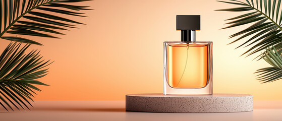 Warm amber perfume bottle on display pedestal with tropical palm leaves, minimalist elegant scent presentation evoking luxury and summer warmth
