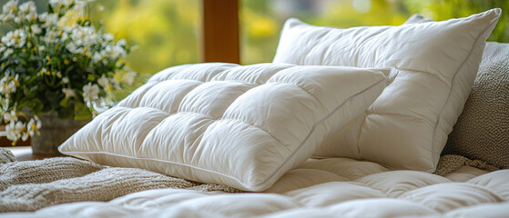 Soft white pillow and cushion on cozy bed near window with green plants and warm natural light creating calm relaxing atmosphere