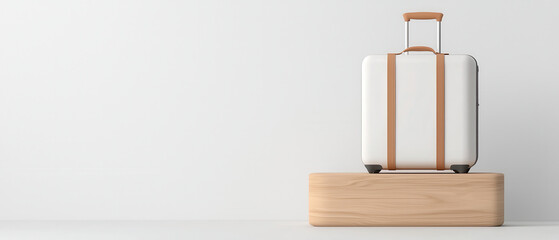 Minimalist white luggage brown handle travel suitcase on wooden block modern travel bag clean background stylish carryon