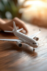 White toy airplane model on wooden table with warm sunlight and hand reaching in background, minimalist travel concept and nostalgic mood