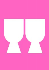 Two stylized white wine glasses with abstract shapes on a vibrant pink background