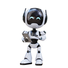3D Cute Robot assistant Friendly Working on a Tablet