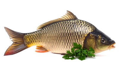 Fototapeta premium A whole carp on white. It has dark scales and fins. Fresh parsley sits beside the fish. The background is a clean white