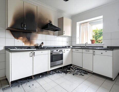 Kitchen damaged by fire, showing soot, appliance damage, and debris