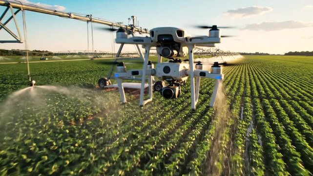 A drone flies over a green agricultural field being irrigated with a center pivot system