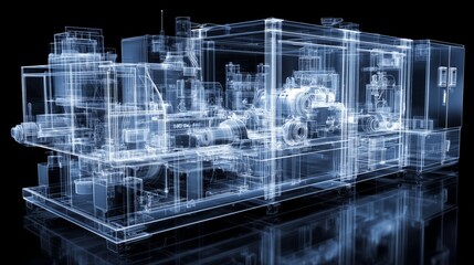 Detailed Representation of a Complex Industrial Machine with Transparent Components Showing the Internal Mechanisms and Structure